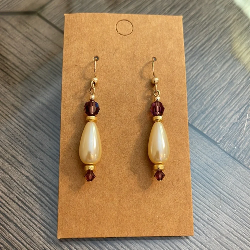 Vintage 14kt Gold Filled Faux Pearl & Purple AB Dangle Earrings